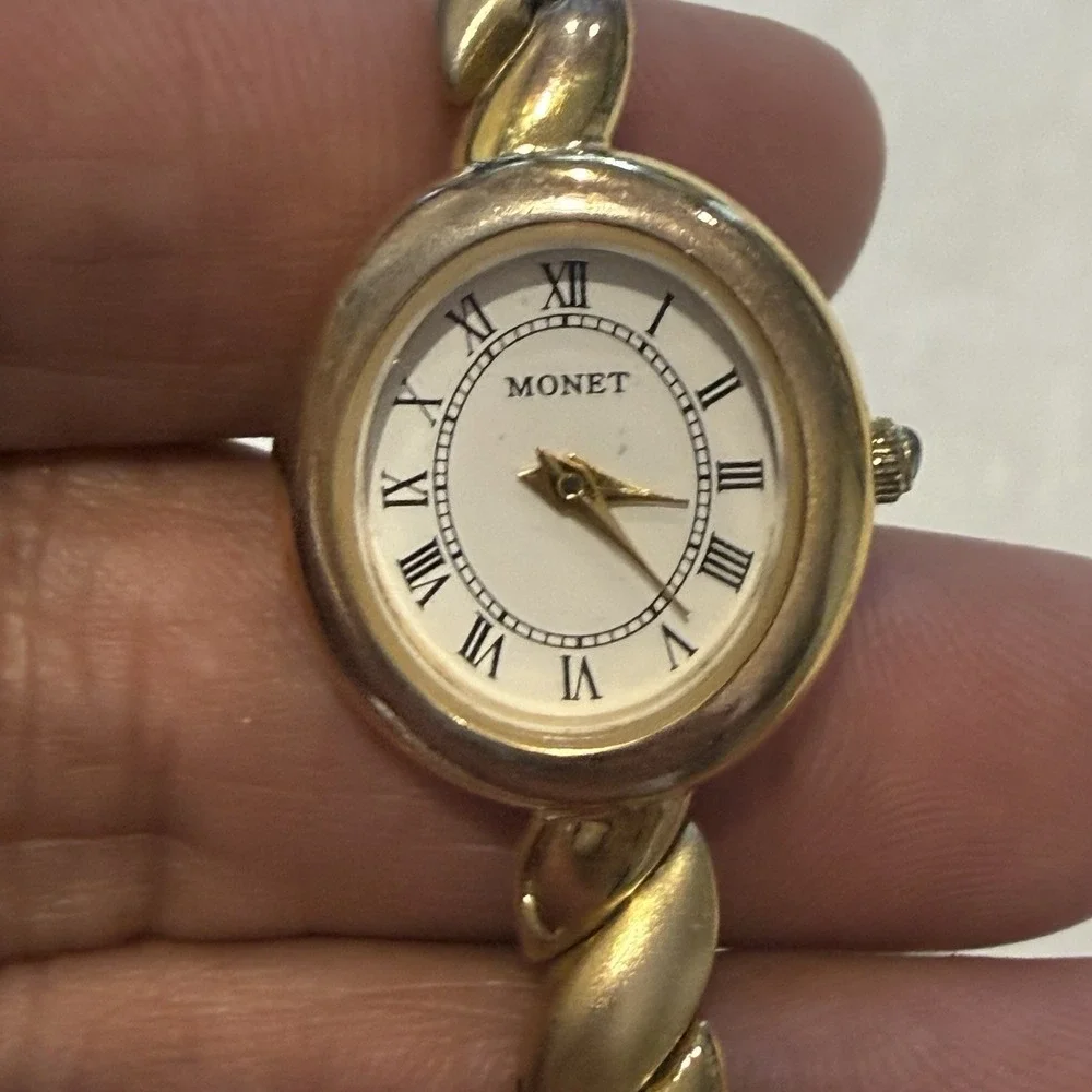 Vintage Monet Gold Tone Twist Bracelet Watch Roman Dial Japan Quartz Women's